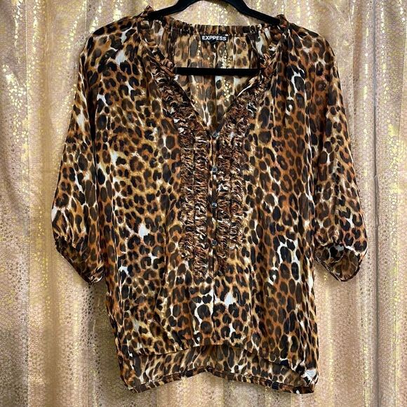 Express cheetah print sheer peasant style button blouse size S - Picture 1 of 6